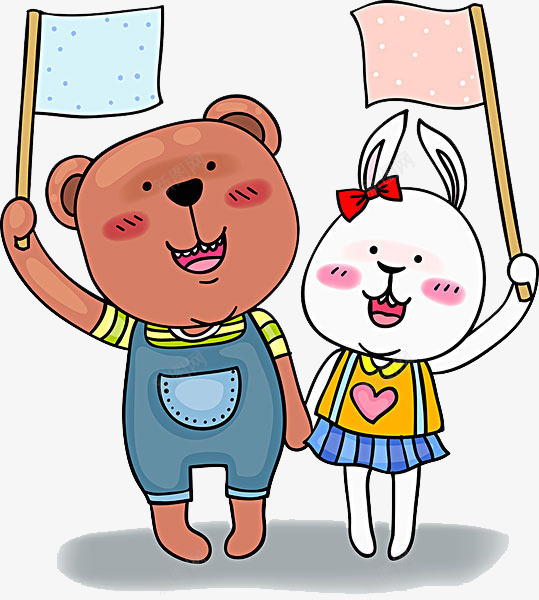 小熊和兔子png免抠素材_新图网 https://ixintu.com 兔子 卡通 可爱 小熊 手绘 旗子 棕色 白色