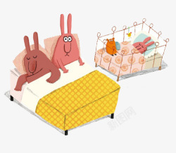 睡在床上的兔子父母素材