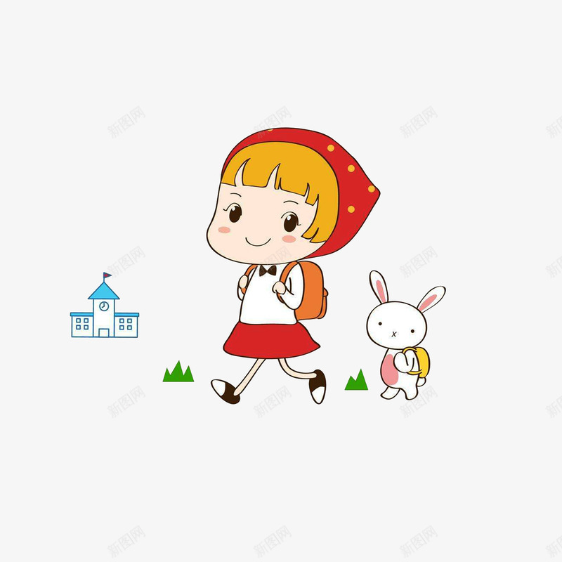 背着书包的小女孩和兔子psd免抠素材_新图网 https://ixintu.com 上学 书包 学校 小兔子 小草 穿衣服的兔子 红色帽子 背书包小孩