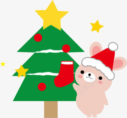 手绘粉色兔子冬季圣诞树素材