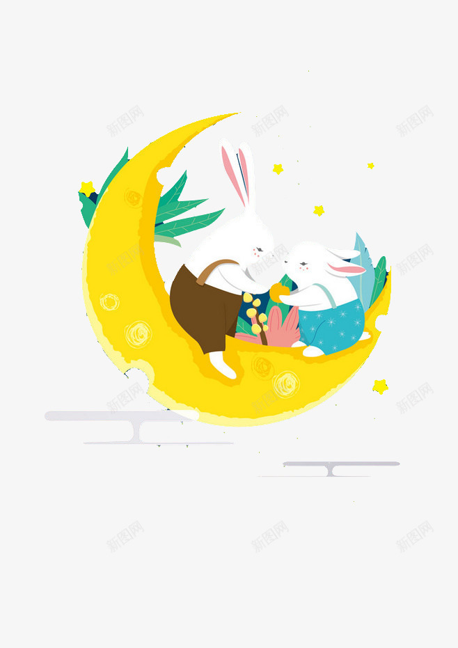 月亮上的兔子png免抠素材_新图网 https://ixintu.com 兔子 卡通 插画 月亮 月牙 黄色