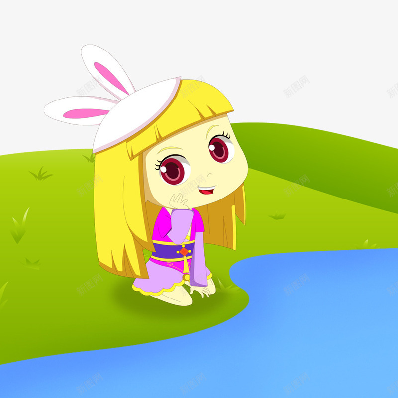 卡通在河边的小女孩psd免抠素材_新图网 https://ixintu.com 人物设计 卡通 女孩 小兔子帽子 手绘 河边 郊外