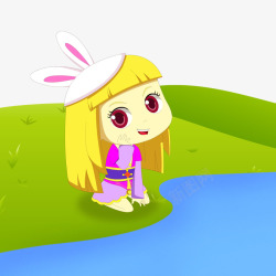 小兔帽子卡通在河边的小女孩高清图片