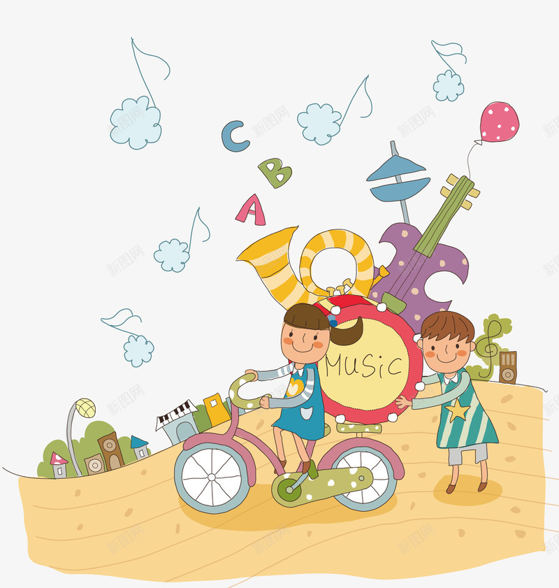 玩音乐的人们png免抠素材_新图网 https://ixintu.com 卡通 卡通形象 大提琴 女孩子 小朋友音乐 敲鼓 直行车 音乐符号
