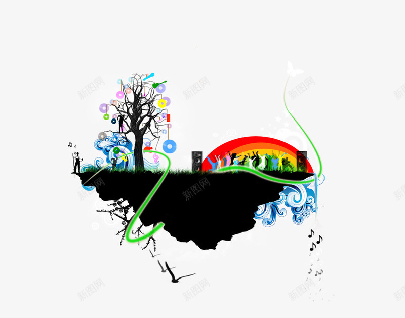 插画元素png免抠素材_新图网 https://ixintu.com 元素 彩虹 插画 树 浮岛 浮空岛 线条 装饰