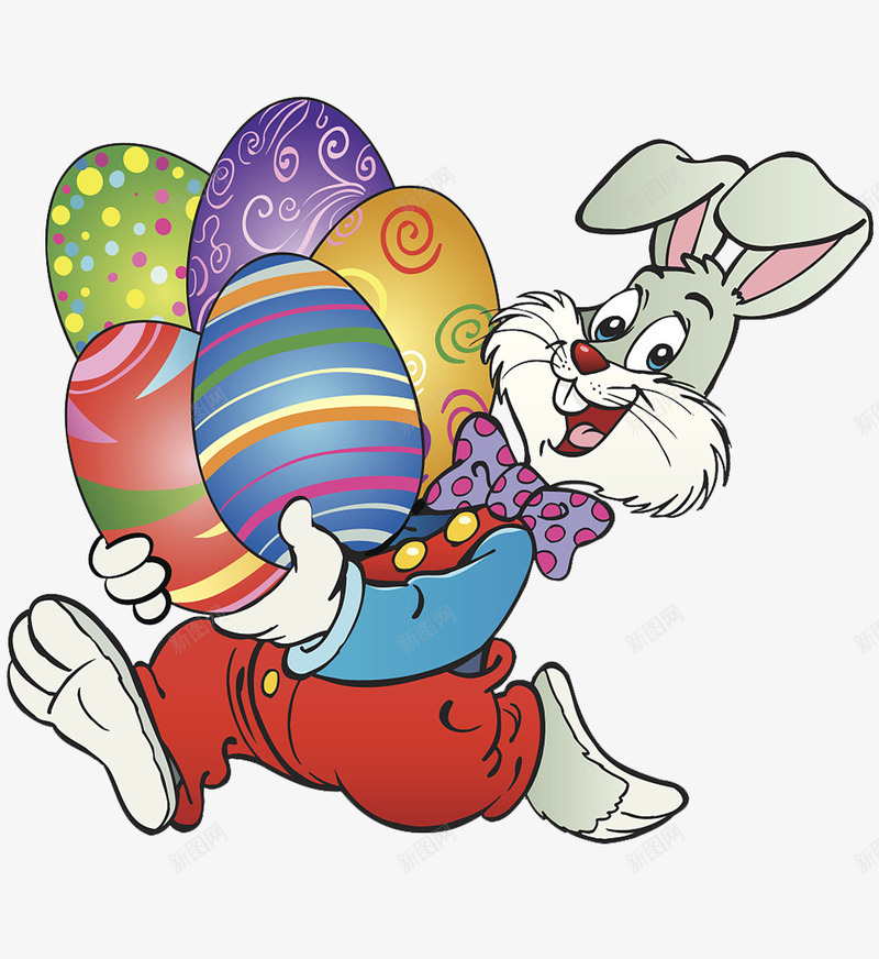 卡通兔子和彩蛋png免抠素材_新图网 https://ixintu.com 可爱兔子 复活节 大彩蛋 彩色 彩色彩带 画彩蛋 穿衣服的兔子