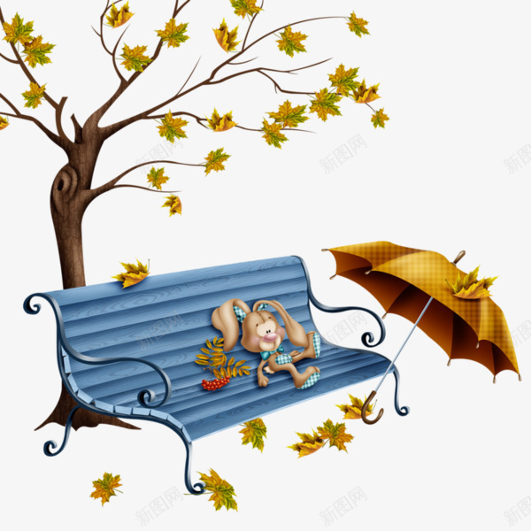 手绘树底下长椅上的兔子布娃娃png免抠素材_新图网 https://ixintu.com 手绘大树 手绘长椅 长椅上的布娃娃 长椅旁的雨伞