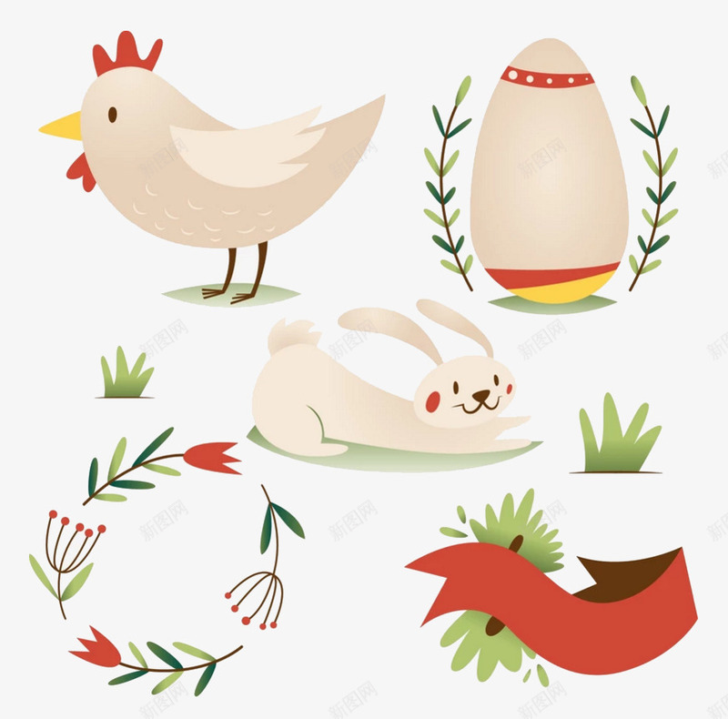 可爱小鸡与兔子png免抠素材_新图网 https://ixintu.com 兔子 卡通 可爱 小草 小鸡 手绘 简图 红色的 鸡冠
