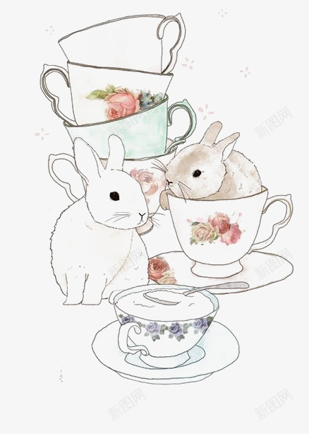 茶杯兔子png免抠素材_新图网 https://ixintu.com 下午茶 兔子 动物 卡通 手绘 插画 茶杯