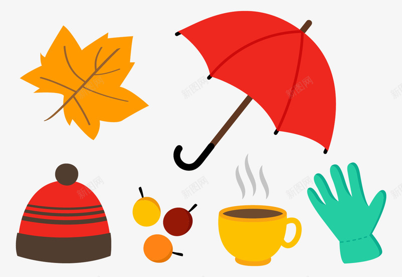 秋季元素png免抠素材_新图网 https://ixintu.com 免费png素材 咖啡 帽子 枫叶 遮挡物 雨伞