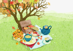 卡通彩绘枫叶树底下野餐图素材