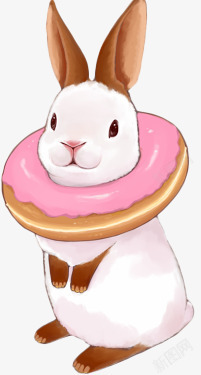 手绘粉色甜甜圈与兔子素材