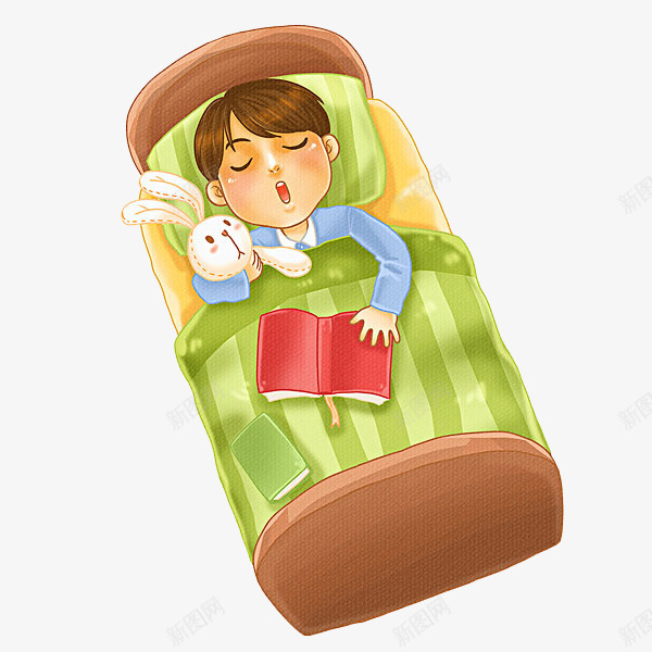 睡觉的男生png免抠素材_新图网 https://ixintu.com 一张 书本 单人床 小兔子 男生 绿色的 被子
