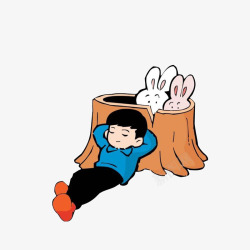 树洞内的小兔子卡通躺靠在树根上休息的男孩高清图片