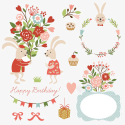花卉主题生日主题边框和兔子高清图片