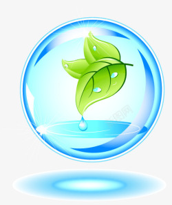 蓝色水晶球水滴里的绿叶高清图片