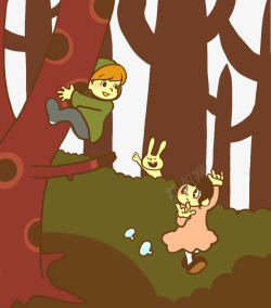 森林里爬树的男孩与女孩素材
