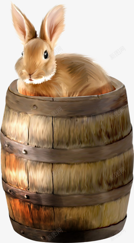 木桶上的兔子png免抠素材_新图网 https://ixintu.com 兔子 木桶 棕色兔子 酒桶