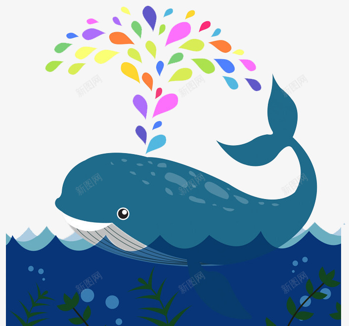 海豚喷水png免抠素材_新图网 https://ixintu.com 彩色水滴 水草 泡泡 海洋 蓝色海豚
