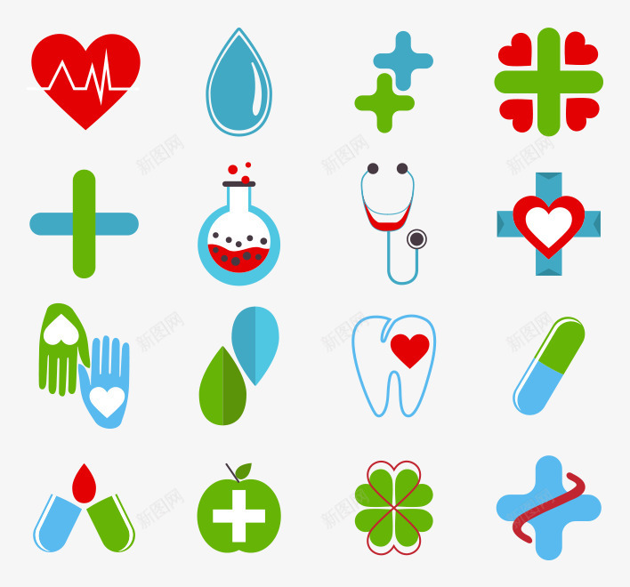 精致医疗图标png_新图网 https://ixintu.com 医疗 医院 听诊器 心电图 水滴 爱心 牙齿 试剂