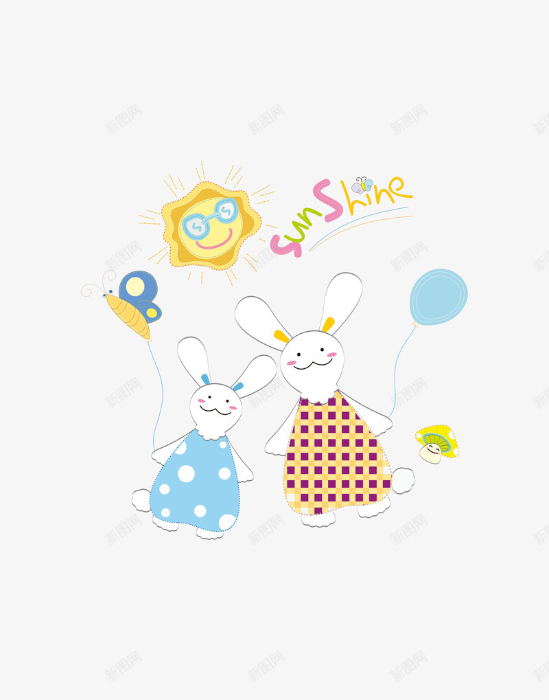 兔子卡通图案png免抠素材_新图网 https://ixintu.com 兔子 太阳 插画 气球 英文字 蝴蝶 装饰画