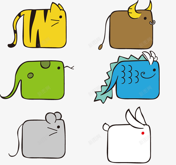 6个卡通方块动物psd免抠素材_新图网 https://ixintu.com 兔子 动物 卡通 方块