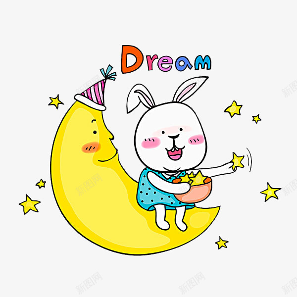 月亮上的兔子png免抠素材_新图网 https://ixintu.com 五角星 兔子 卡通 手绘 月亮 白色 穿衣服的兔子 蓝色 黄色