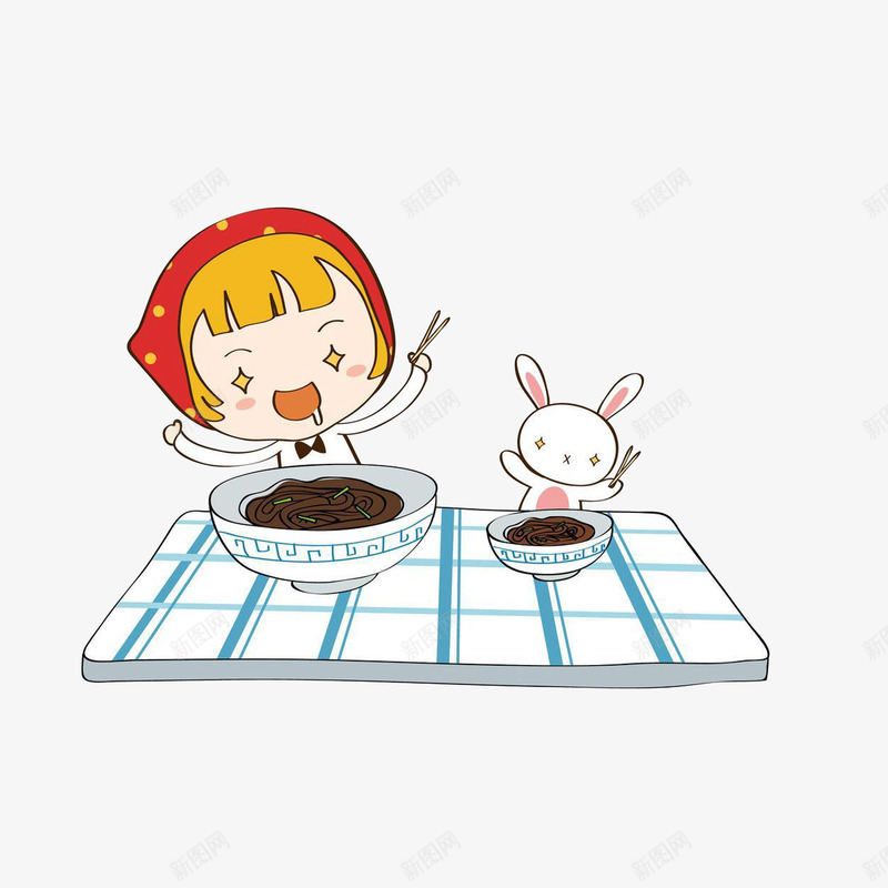 吃炸酱面的女孩和兔子png免抠素材_新图网 https://ixintu.com 卡通吃面 吃炸酱面的女孩和兔子 流口水的小女孩 美味的炸酱面