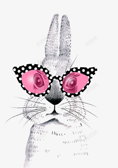 卡通兔子png免抠素材_新图网 https://ixintu.com 兔子 创意 墨镜 搞怪动物 蛤蟆镜 黑白