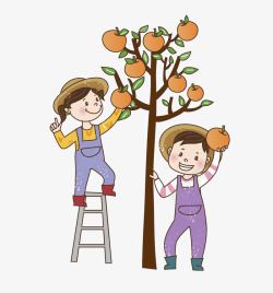 矢量摘苹果爬梯子的小孩摘苹果场景图高清图片