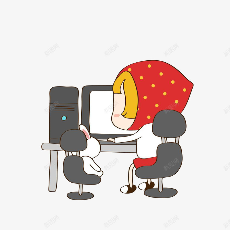 卡通电脑前的小女孩和小兔子png免抠素材_新图网 https://ixintu.com 卡通小兔子 卡通小女孩 玩电脑 电脑前的人