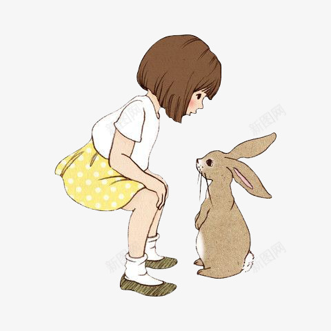 小女孩与兔子psd免抠素材_新图网 https://ixintu.com 兔子 对视 小女孩 黄裙子