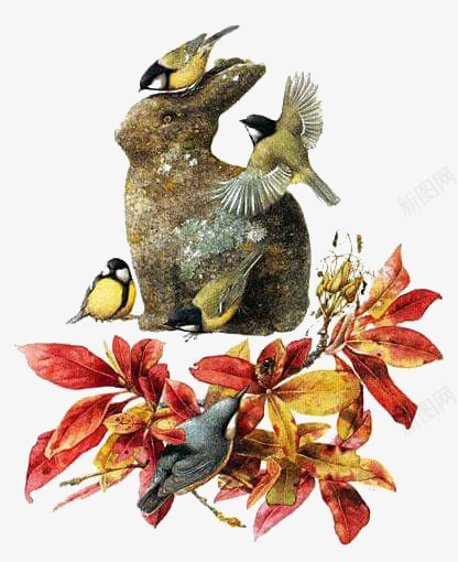 复古小鸟兔子png免抠素材_新图网 https://ixintu.com 兔子 动物 卡通 叶子 复古 小鸟 手绘 插画 植物