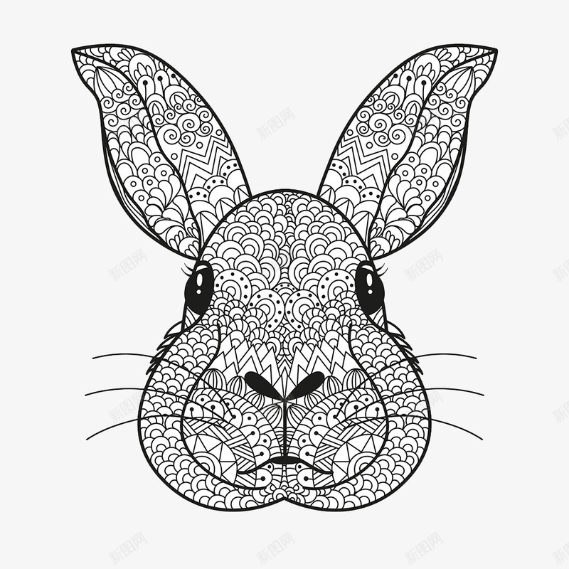 黑色花纹手绘兔子头png免抠素材_新图网 https://ixintu.com 兔子头 动物 头像 手绘兔子 花纹 黑色花纹