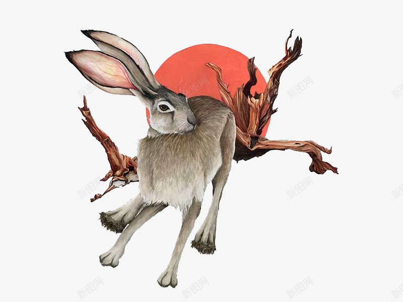 兔子和树枝png免抠素材_新图网 https://ixintu.com 干树枝 月亮 野兔