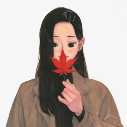 拿枫叶的女孩素材