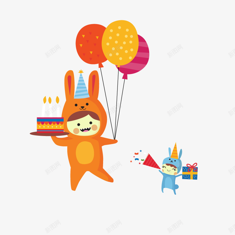 卡通生日矢量图ai免抠素材_新图网 https://ixintu.com 小兔子 庆祝 橙色 气球 生日卡通 矢量卡通 矢量图