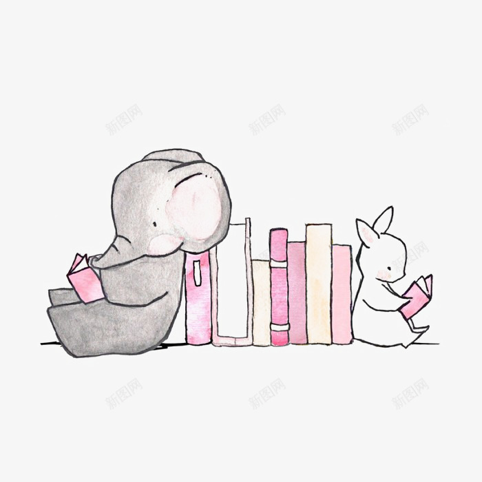 卡通png免抠素材_新图网 https://ixintu.com 书 兔子 卡通素材 大象 看书