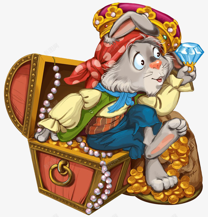 卡通插画坐在魔法盒上的兔子png免抠素材_新图网 https://ixintu.com 兔子 动物 卡通 宝物 宝箱 插画 珠宝 美式复古箱子插画 钻石 魔法盒