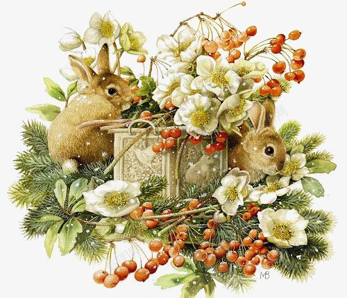 兔子png免抠素材_新图网 https://ixintu.com 卡通兔子 手绘兔子 油画小兔 白色花朵 野果