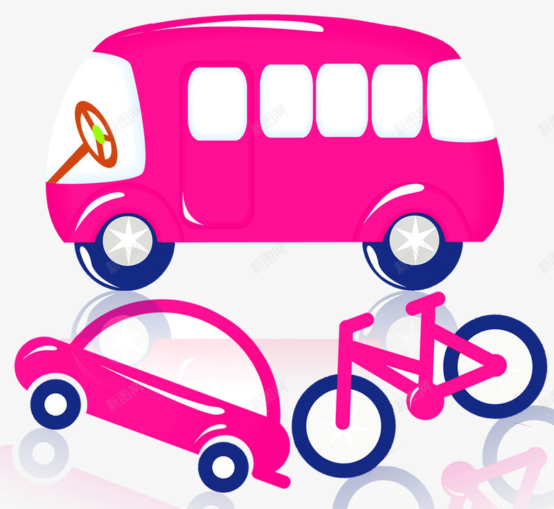 汽车和巴士png免抠素材_新图网 https://ixintu.com 交通工具 公交 卡通 汽车 粉红色 自行车