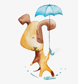 手绘小黄狗打着雨伞的小黄狗高清图片