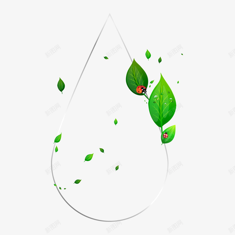 创意水滴树叶png免抠素材_新图网 https://ixintu.com 创意 叶子 树叶 水滴 瓢虫 绿叶 绿色