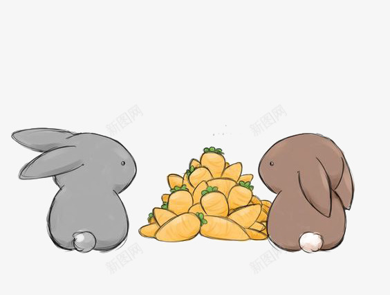 两只兔子png免抠素材_新图网 https://ixintu.com 兔子免扣PNG 卡通兔子 手绘 棕色兔子 灰色兔子 胡萝卜