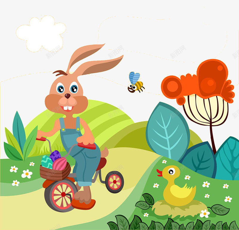 卡通兔子骑车png免抠素材_新图网 https://ixintu.com 兔子 卡通 树 骑车 鸭子