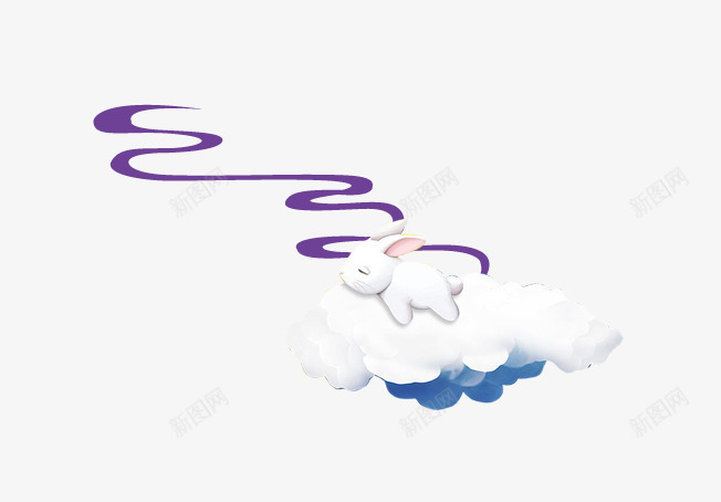 云上的兔子png免抠素材_新图网 https://ixintu.com 卡通云 卡通兔子 卡通动物 白色 睡觉的小兔子 紫色 蓝色 飘带