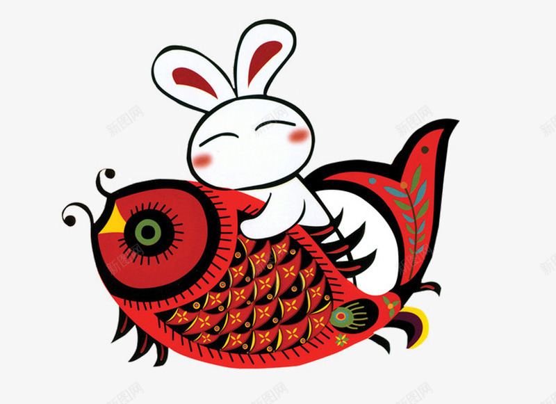 兔子和鱼图png免抠素材_新图网 https://ixintu.com 兔子 坐在鱼身上 年年有余 红色的鲤鱼