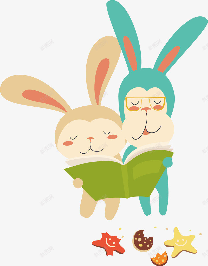 一起读书的小兔子矢量图ai免抠素材_新图网 https://ixintu.com 创意 卡通 商务 小兔子 彩色 手绘 清新 看书 矢量图
