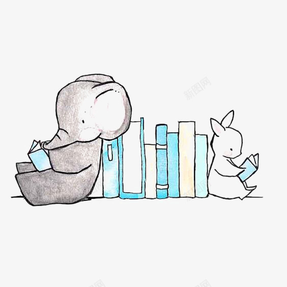 读书png免抠素材_新图网 https://ixintu.com 卡通书籍 卡通小象 小兔子 念书 手绘书籍