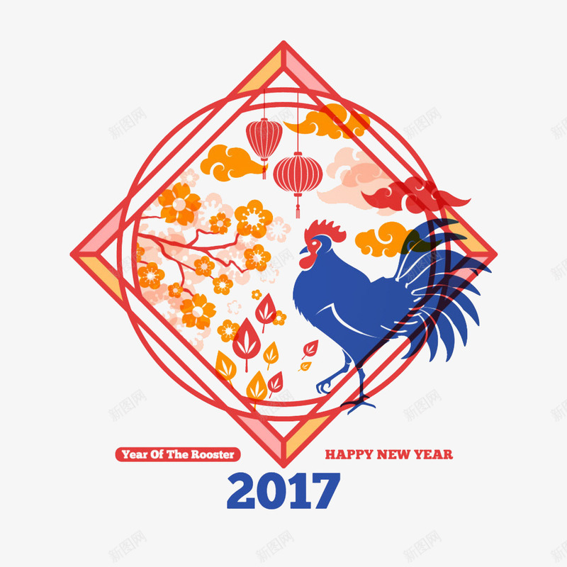 2017新年元素png免抠素材_新图网 https://ixintu.com 梅花 灯笼 祥云 英文 边框 鸡